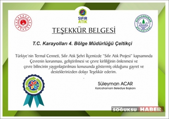 ÇELTİKÇİ KARAYOLLARI MÜDÜRLÜĞÜNE TEŞEKKÜR BELGESİ